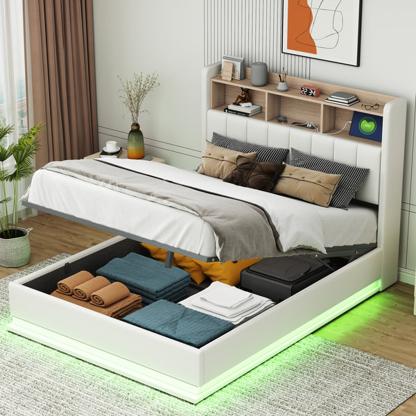 Full Size  Upholstered Platform Bed with Storage Headboard and Hydraulic Storage System, PU Storage Bed with LED Lights and USB charger, White