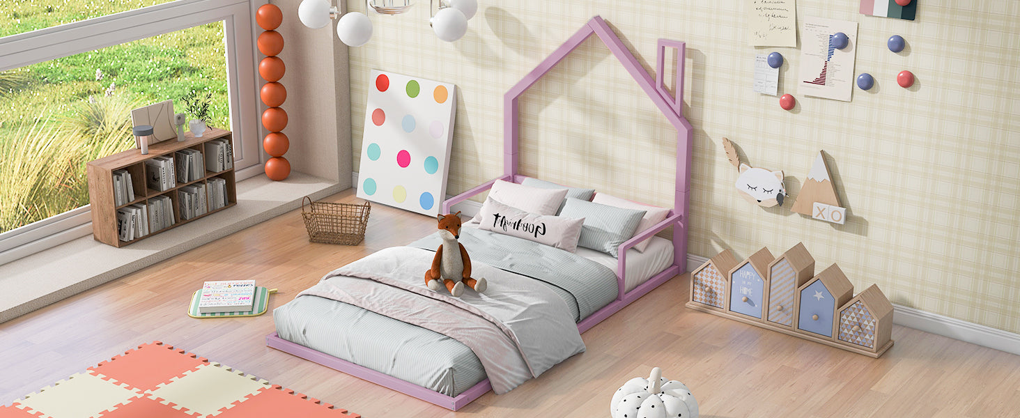 Twin Size Metal Floor Bed with House-shaped Headboard, Pink - Atlantic Fine Furniture Melbourne FL