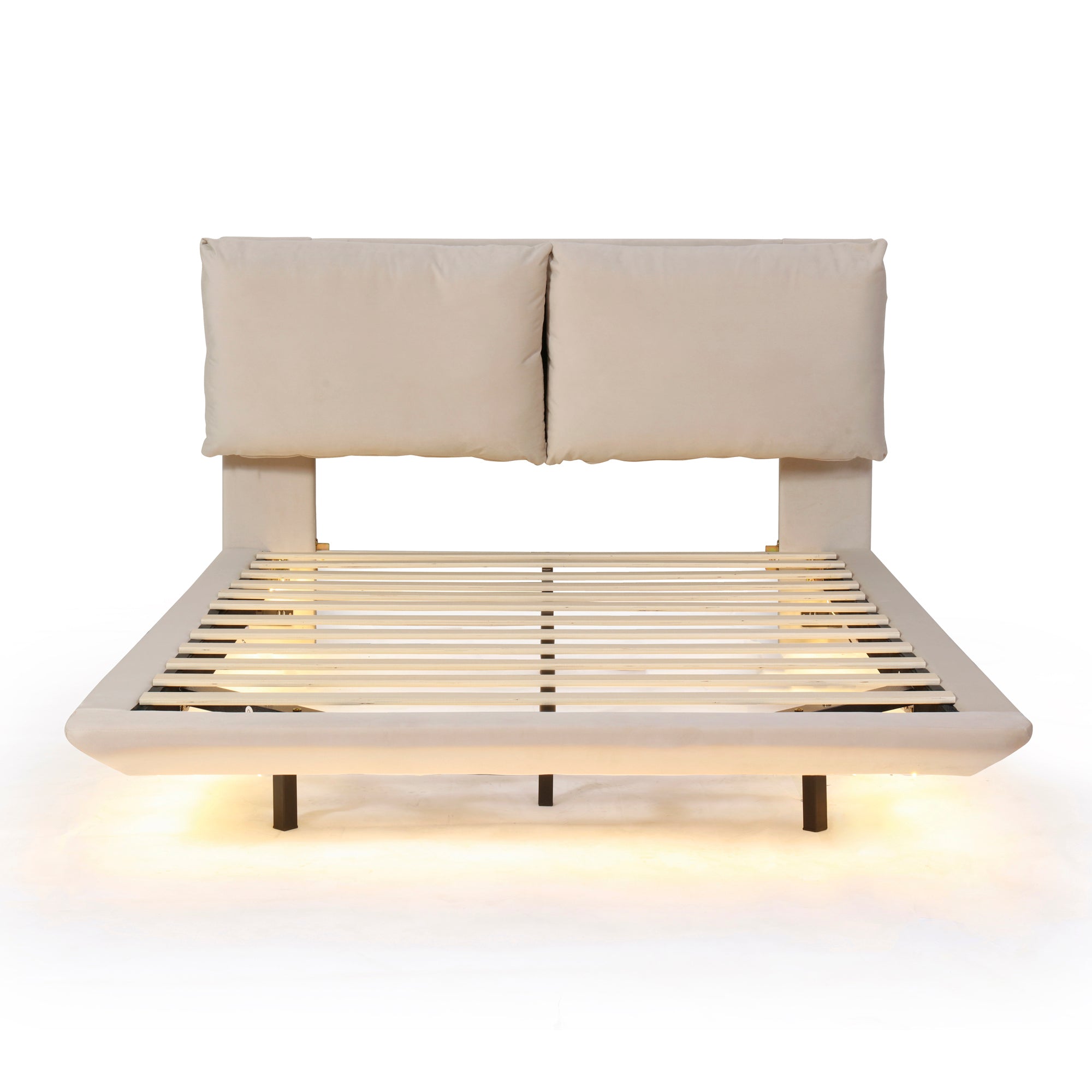 Queen Size Upholstered Platform Bed with Sensor Light and 2 Large Backrests, Stylish Platform Bed with 2 sets of USB Port and Socket on each rear Bed Leg, Beige - Atlantic Fine Furniture Melbourne FL