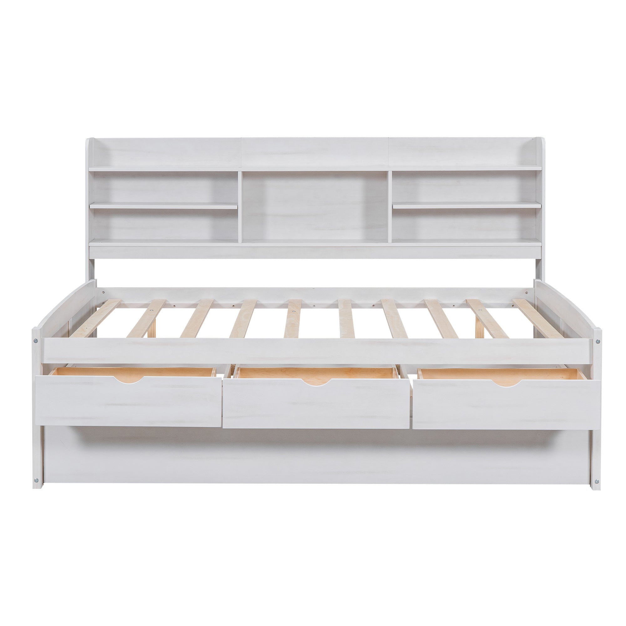 Full Size Wooden Captain Bed with Built-in Bookshelves,Three Storage Drawers and Trundle,White Wash - Atlantic Fine Furniture Melbourne FL