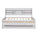 Full Size Wooden Captain Bed with Built-in Bookshelves,Three Storage Drawers and Trundle,White Wash