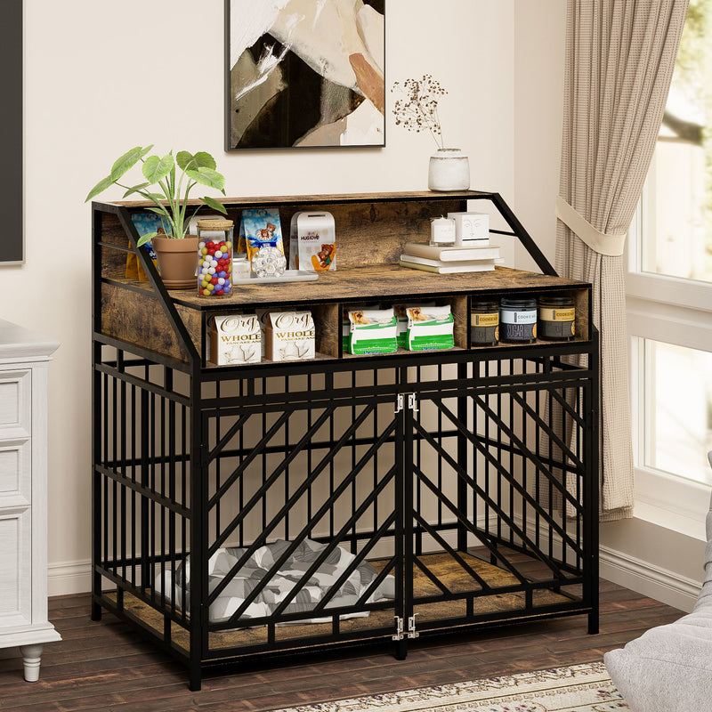 Wooden Dog Crate Furniture With Divider And Storage Drawers For Large Dogs - Rustic Brown