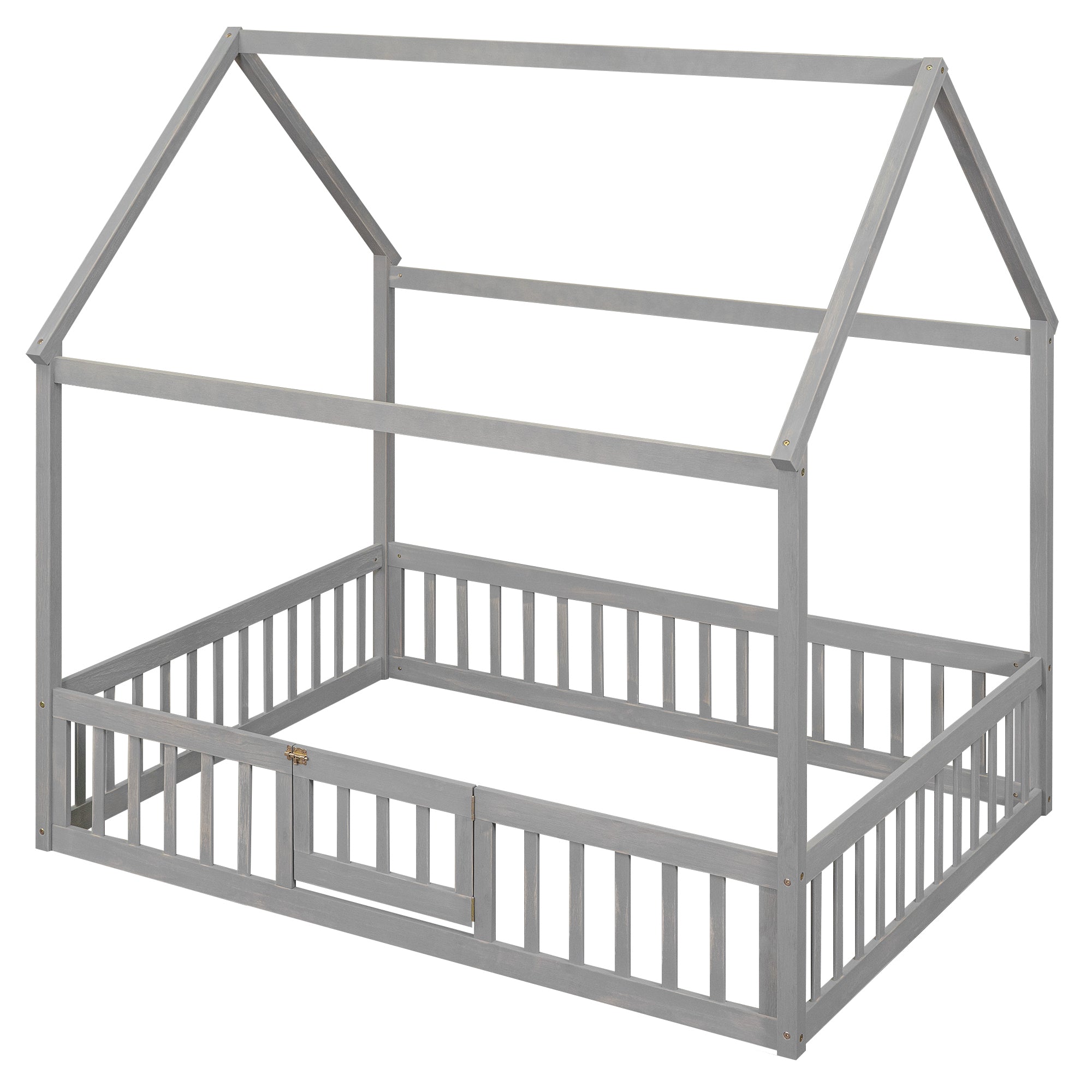 Full Size Wood House Bed with Fence and Door, Gray Wash - Atlantic Fine Furniture Melbourne FL