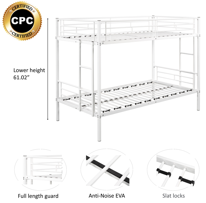 Metal Twin over Twin Bunk Bed/ Heavy-duty Sturdy Metal/ Noise Reduced Design/ Safety Guardrail/ 2 Side Ladders/ CPC Certified/ No Box Spring Needed