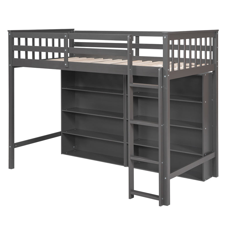 Twin Size Loft Bed with 8 Open Storage Shelves and Built-in Ladder, Gary