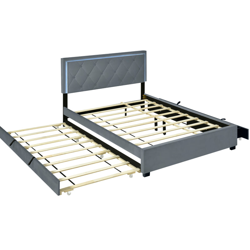Queen Size  Velvet Storage Platform Bed, with 2 Big Drawers, Twin XL Size Trundle and LED Light, Gray