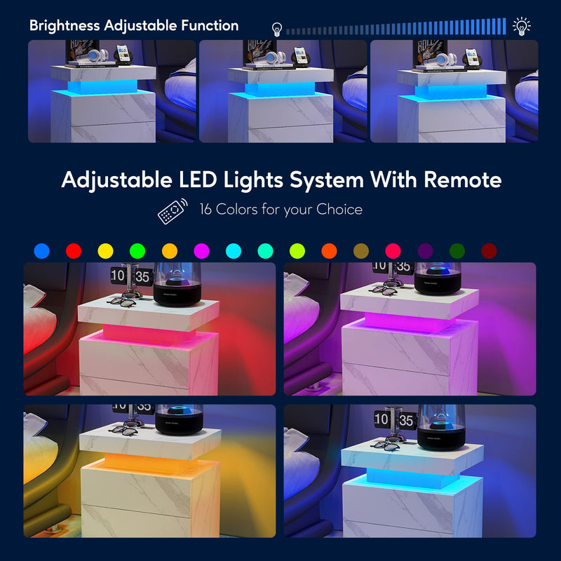 Nightstand LED, Bedside Table Cabinet With 2 Drawers For Bedroom