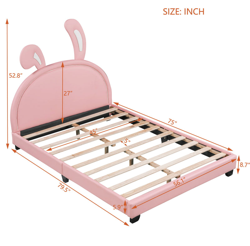 Upholstered Leather Platform Bed With Rabbit Ornament