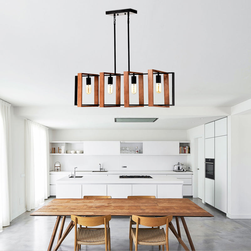 4 Light Kitchen Island Lights Pendant Light Farmhouse Dining Room Light Fixture, Rectangular Chandelier, 36" Hanging Lighting For Living Room, Conference Room, Home Office - Matte Black