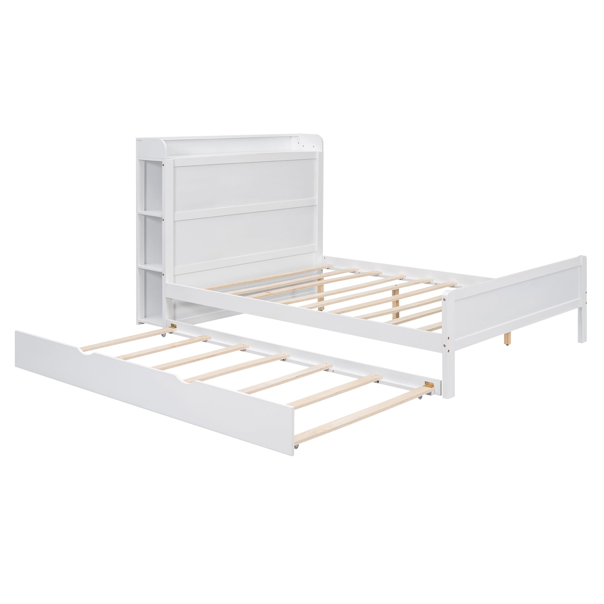 Full Size Platform Bed with Storage Headboard and Twin Size Trundle, White - Atlantic Fine Furniture Melbourne FL