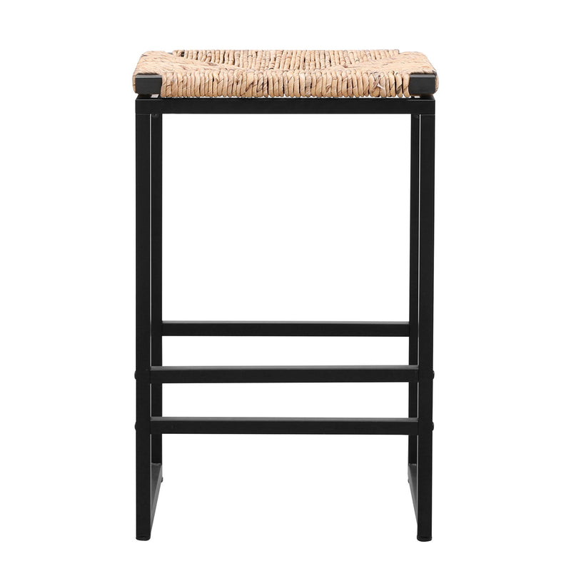 (Set of 2) Backless Water Hyacinth Woven Bar Stools With Footrest, Natural Finish, Metal Frame, 25" Height