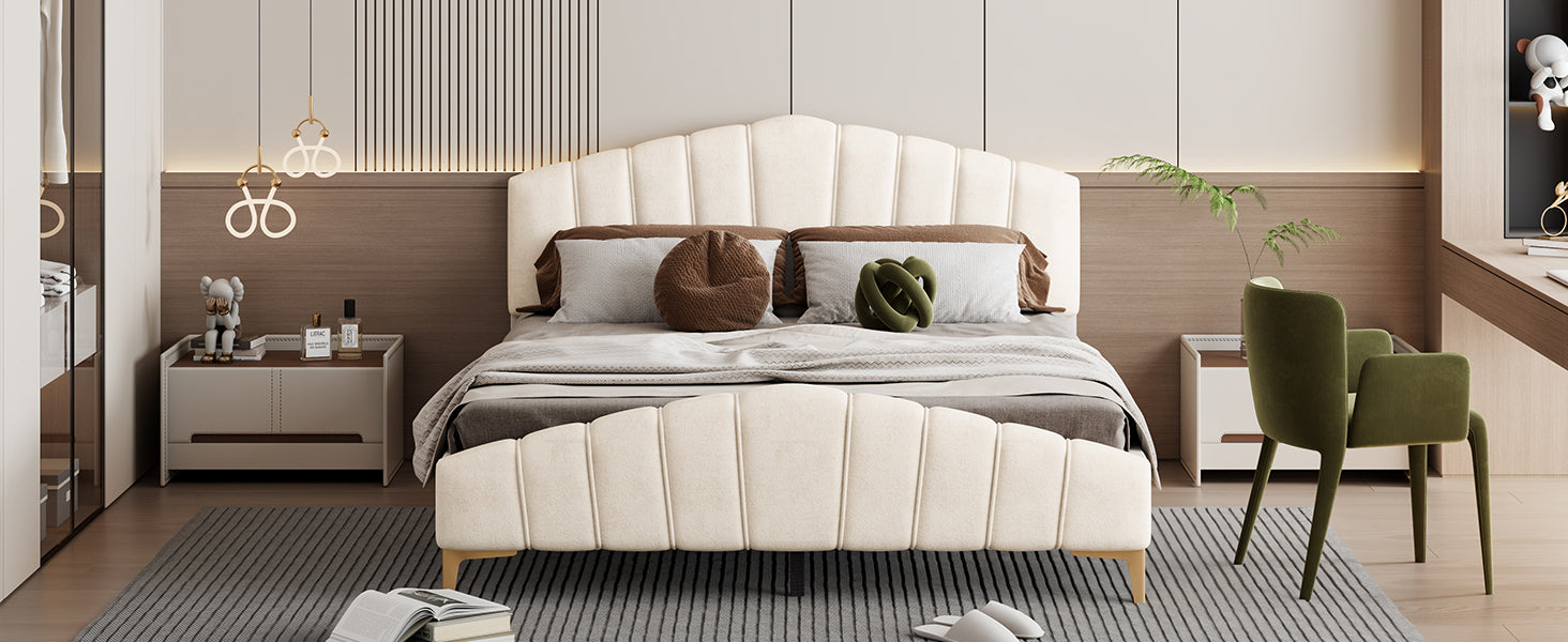 Queen Size Velvet Platform Bed with Thick Fabric, Stylish Stripe Decorated Bedboard and Elegant Metal Bed Leg, Beige - Atlantic Fine Furniture Melbourne FL