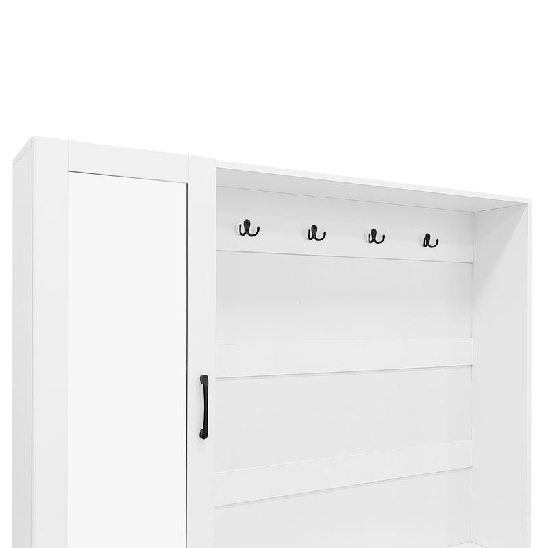 Entryway Bench With Integrated Shoe Cabinet, 3 In 1 Design And Mirrored Cabinet Door, Hall Tree With 4 Sturdy Hooks And Foldable Seat For Entrance, Living Room - White