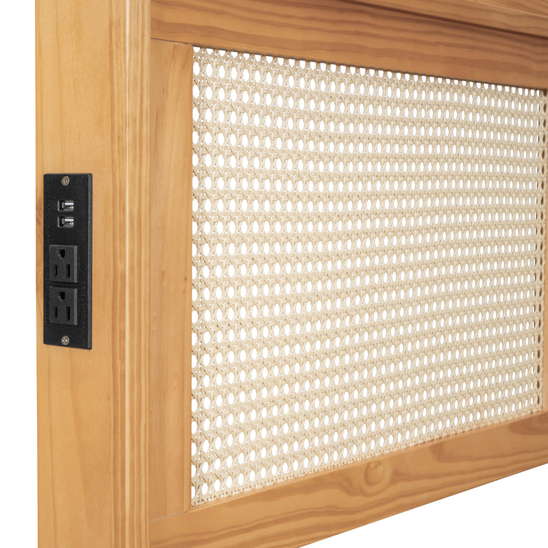 Full Size Elegant Bed Frame with Rattan Headboard and Sockets ,Walnut