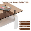Modern Rectangular Coffee Table With Tempered Transparent Glass Top And Storage Shelf