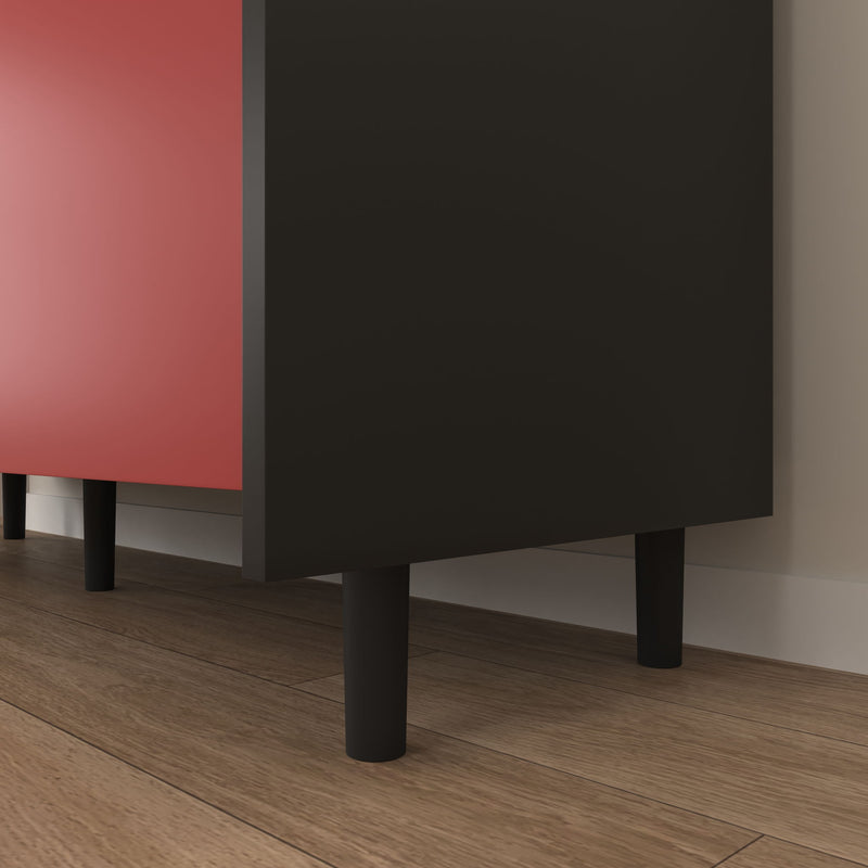 Modern Sideboard Buffet Cabinet With Red Doors And Unique Panel Styling