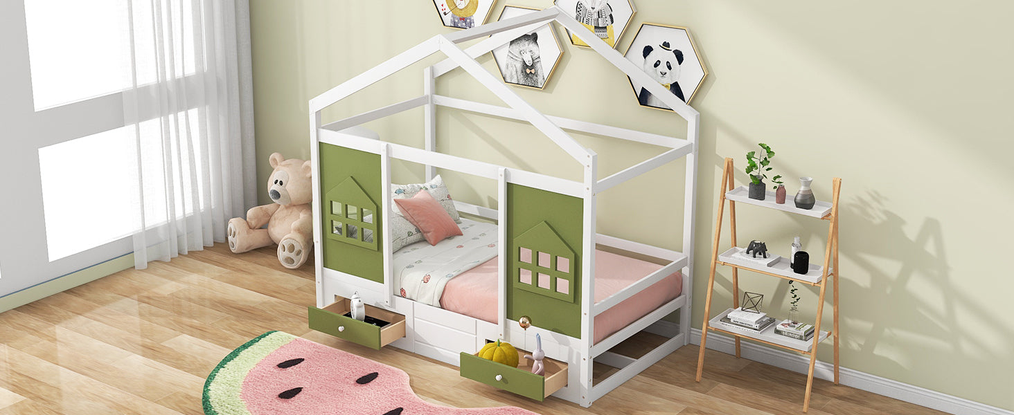 Twin Size Wood House Bed with 2 Drawers and Window Decoration, White+Olive Green - Atlantic Fine Furniture Melbourne FL