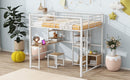 Full Size Loft Bed With Desk And Stool, With Open Style Wardrobe, Shelves And Cabinet - White