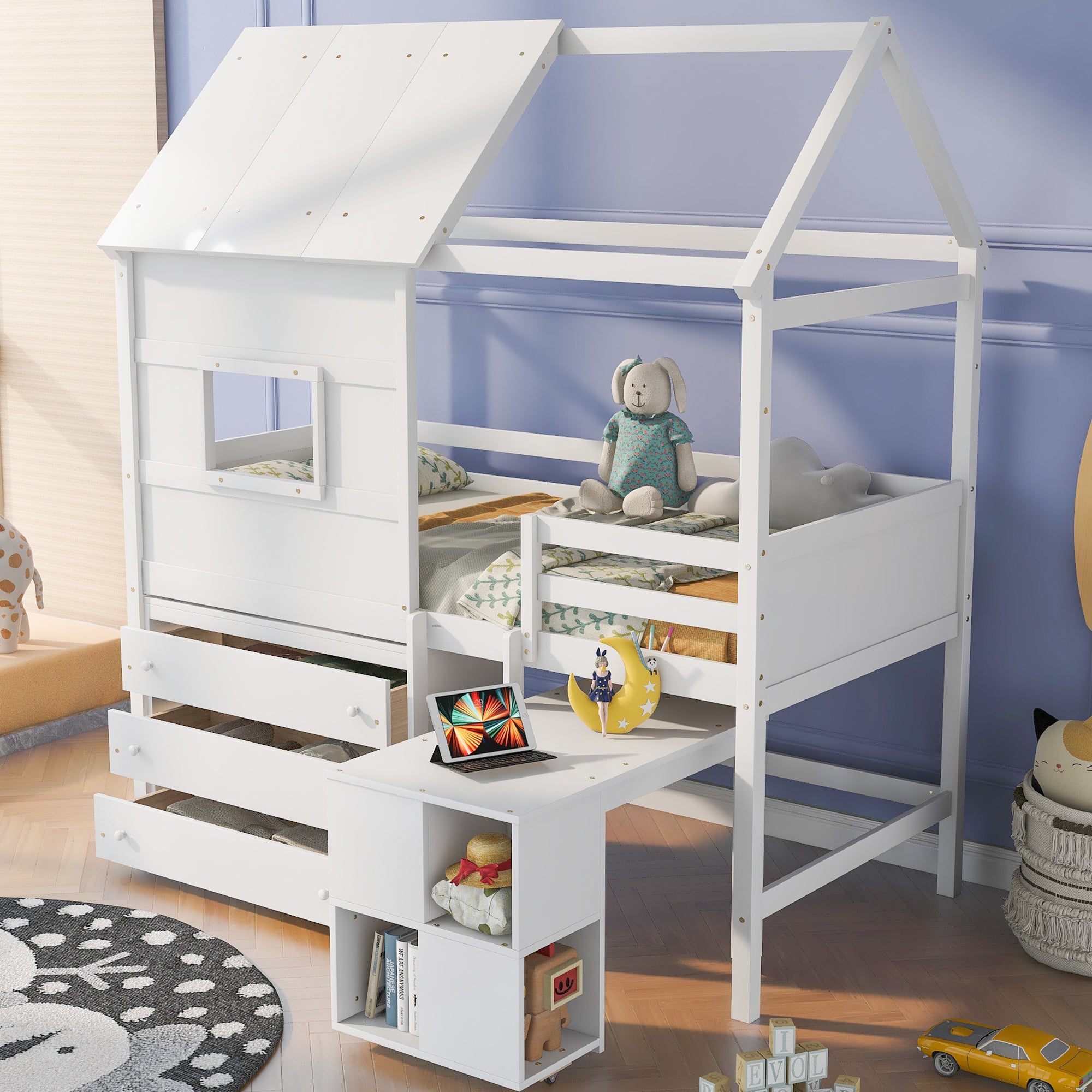 Twin Size House Loft Bed with Storage Desk and 3 Drawer Chest, White - Atlantic Fine Furniture Melbourne FL