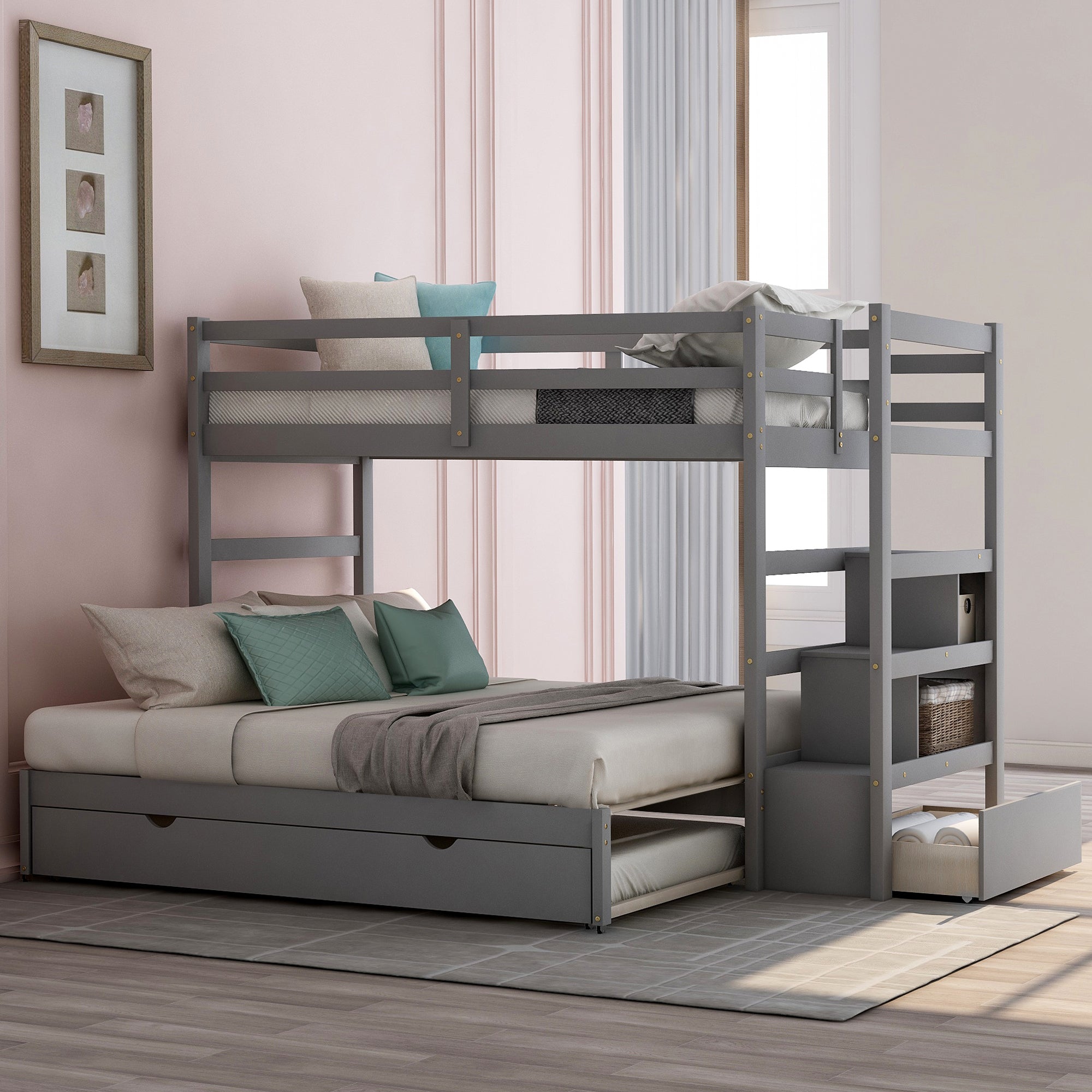 Twin over Twin/King (Irregular King Size) Bunk Bed with Twin Size Trundle, Extendable Bunk Bed   (Gray)(OLD SKU :LP000032AAE)