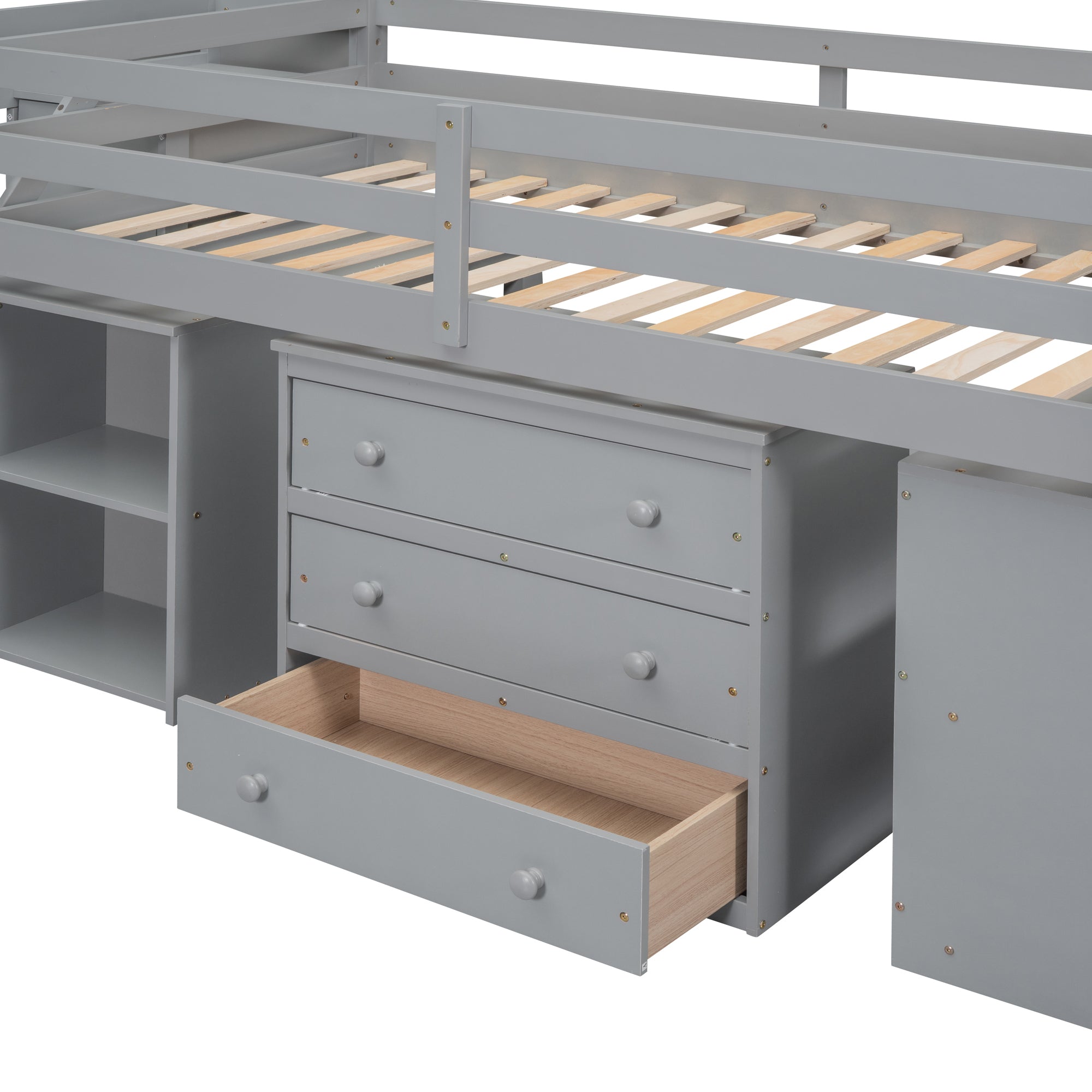 Twin Size Loft Bed with Retractable Writing Desk and 3 Drawers, Wooden Loft Bed with Storage Stairs and Shelves, Gray - Atlantic Fine Furniture Melbourne FL