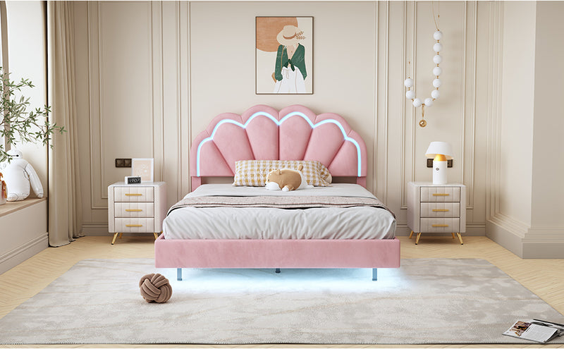 Full Upholstered Smart LED Bed Frame with Elegant Flowers Headboard,Floating Velvet Platform LED Bed with Wooden Slats Support,Pink