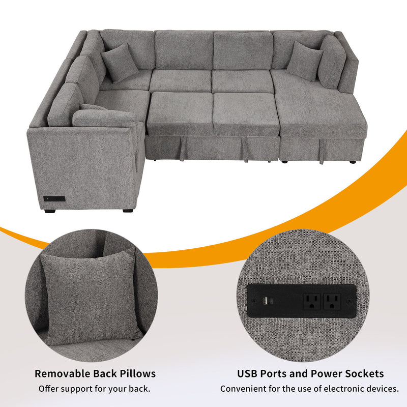 U-Shaped Sectional Sofa Pull Out Sofa Bed With Two USB Ports, Two Power Sockets, Three Back Pillows And A Storage Chaise For Living Room