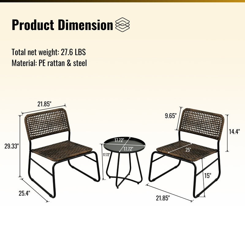 Patio Furniture Set 3 Piece Mixture Pattern PE Rattan Steel Frame And Modern Round Table - Brown / Black