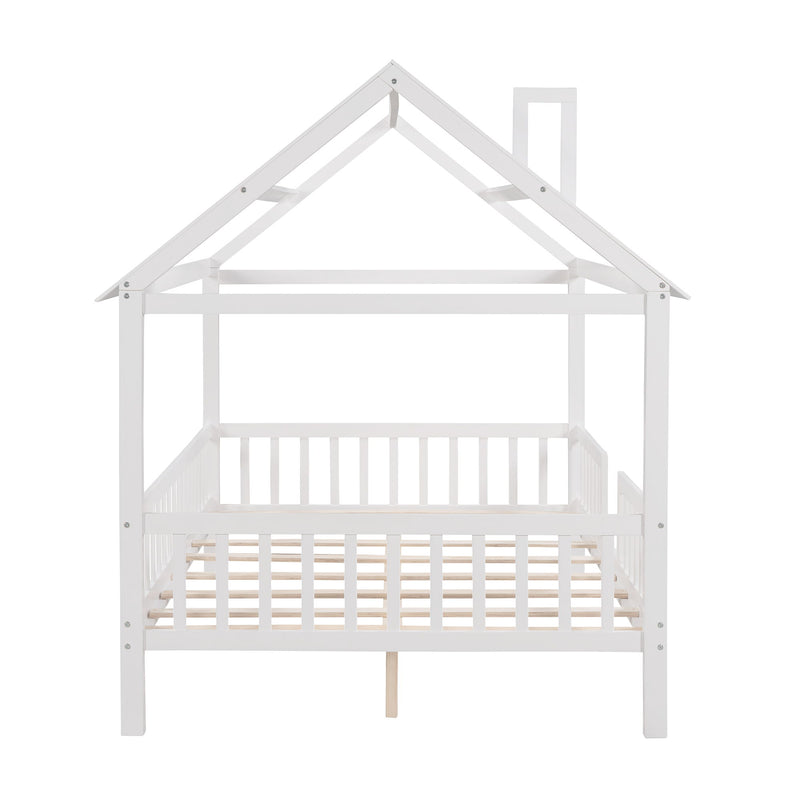 Full Size Wood House Bed With Fence - White