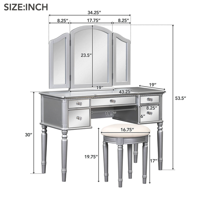 Dressing Table Set With Mirrored Drawers And Stool, Tri-Fold Mirror, Makeup Vanity Set For Bedroom