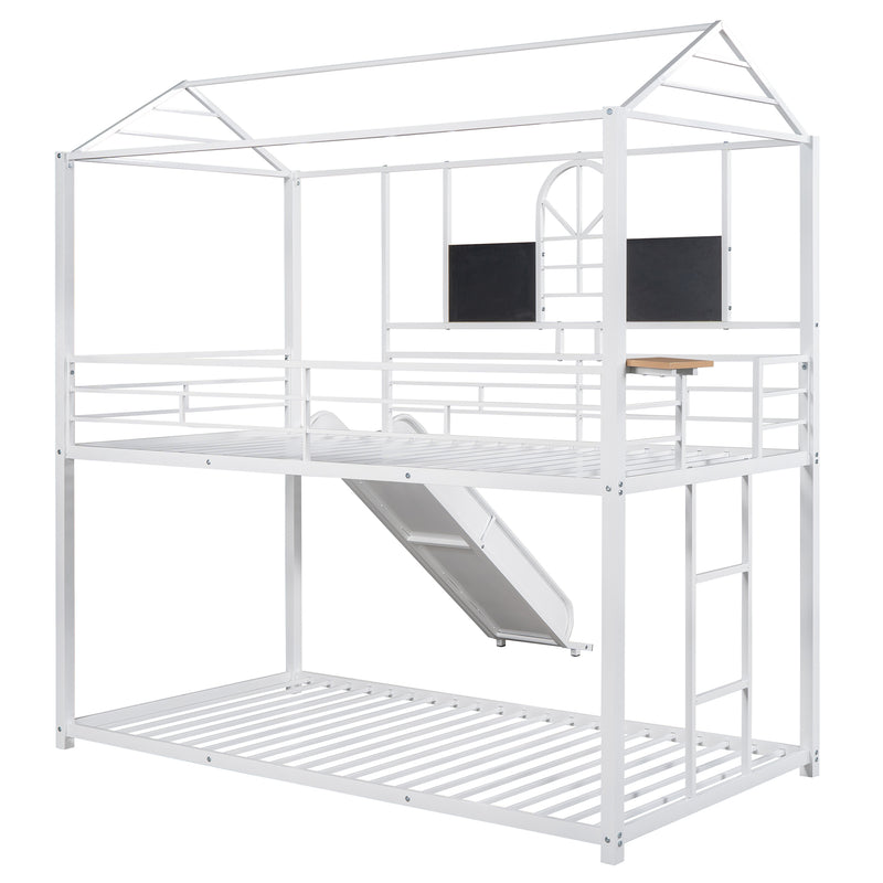 Twin Over Twin Metal Bunk Bed ,Metal Housebed With Slide,Three Colors Available.(White with White  Slide)(OLD SKU :LP000095AAK)