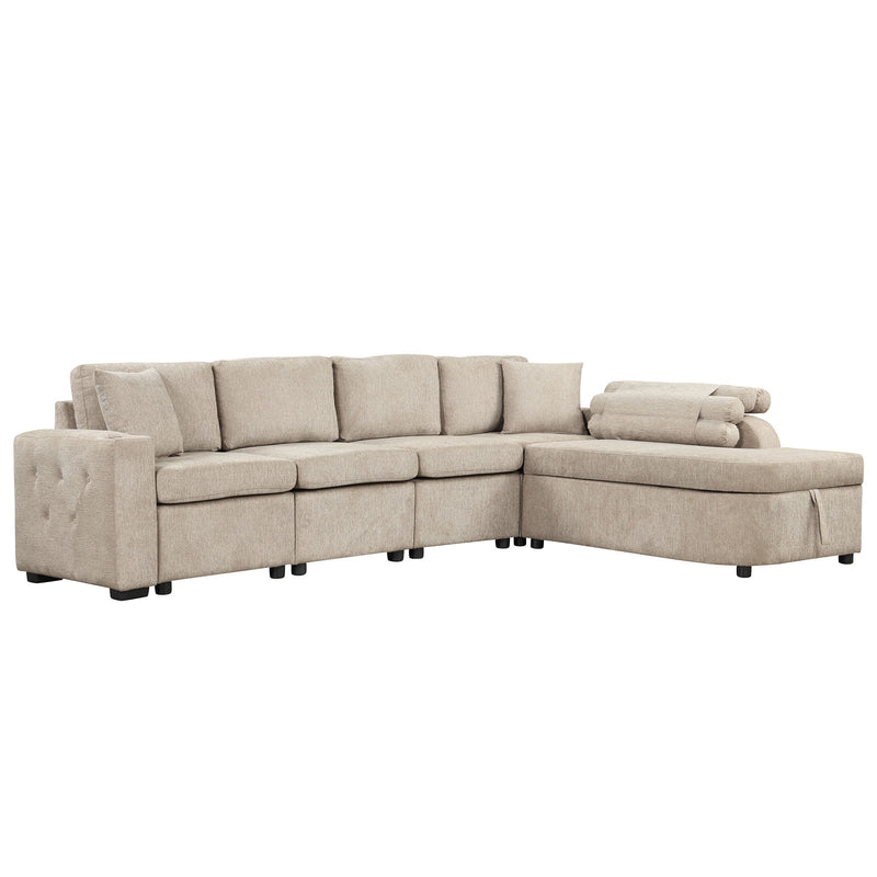 L-Shaped Couch Sectional Sofa With Storage Chaise, Cup Holder And USB Ports For Living Room