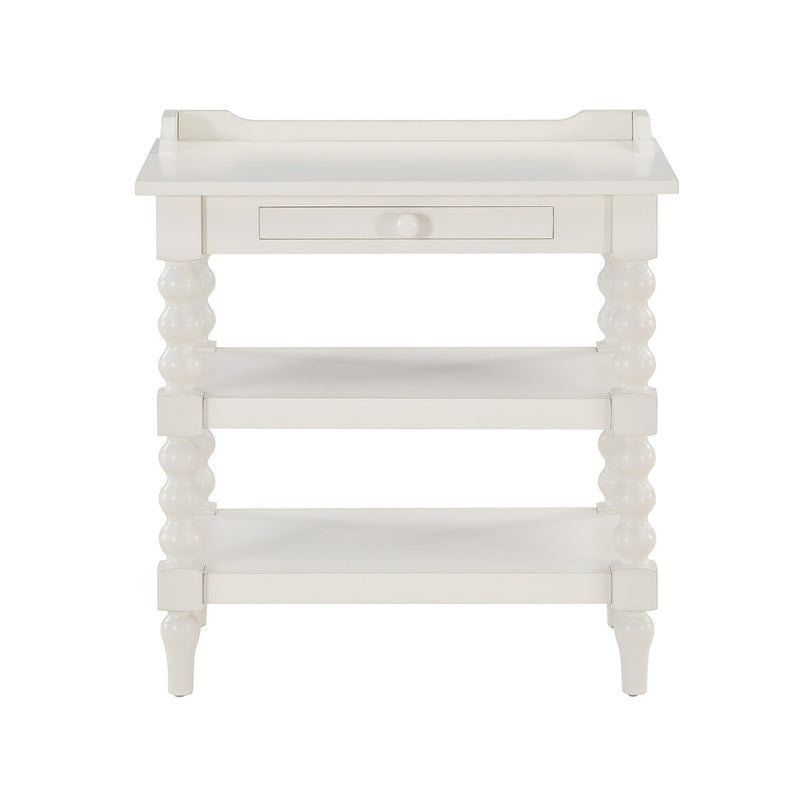 Aria - Nightstand With Styling, 2 Shelves, Pull Out Tray, Spool Turned Legs - Antique White