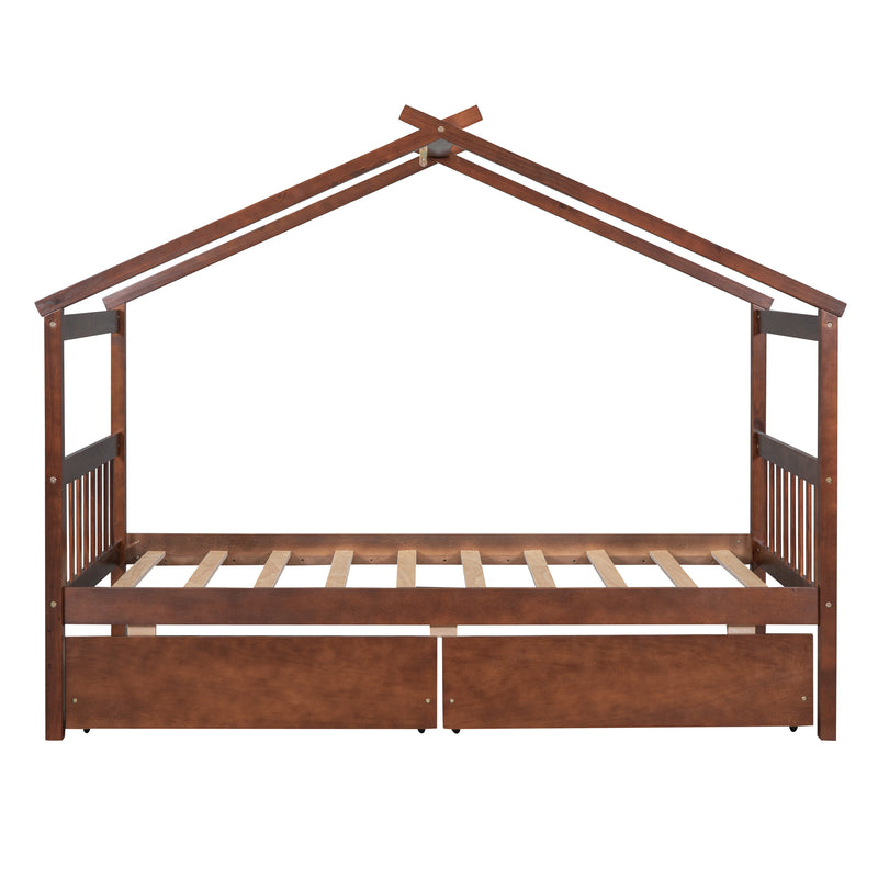 Twin Size Wooden House Bed with Drawers, Walnut