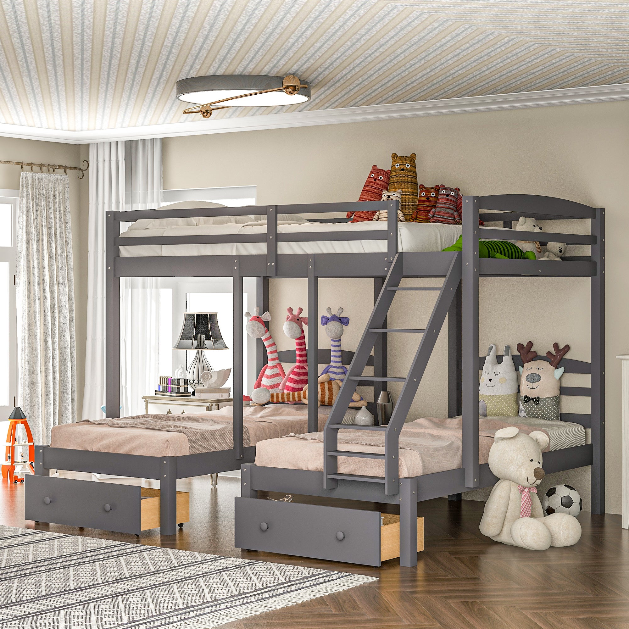 Full over Twin & Twin Bunk Bed,Triple Bunk Bed with Drawers, Gray - Atlantic Fine Furniture Melbourne FL