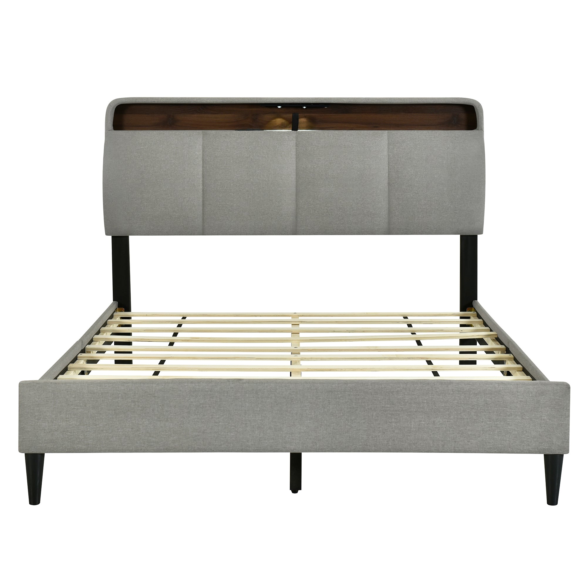 Queen size Upholstered Platform Bed with Storage Headboard, Sensor Light and a set of Sockets and USB Ports, Linen Fabric, Gray - Atlantic Fine Furniture Melbourne FL