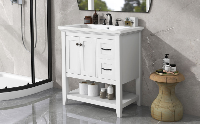 Bathroom Vanity With Ceramic Sink Top, Vanity Cabinet With Multi-Functional Drawer, Solid Wood Legs - White