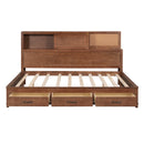 Full Size Wooden Daybed with 3 Storage Drawers, Upper Soft Board, shelf, and a set of Sockets and USB Ports, Brown