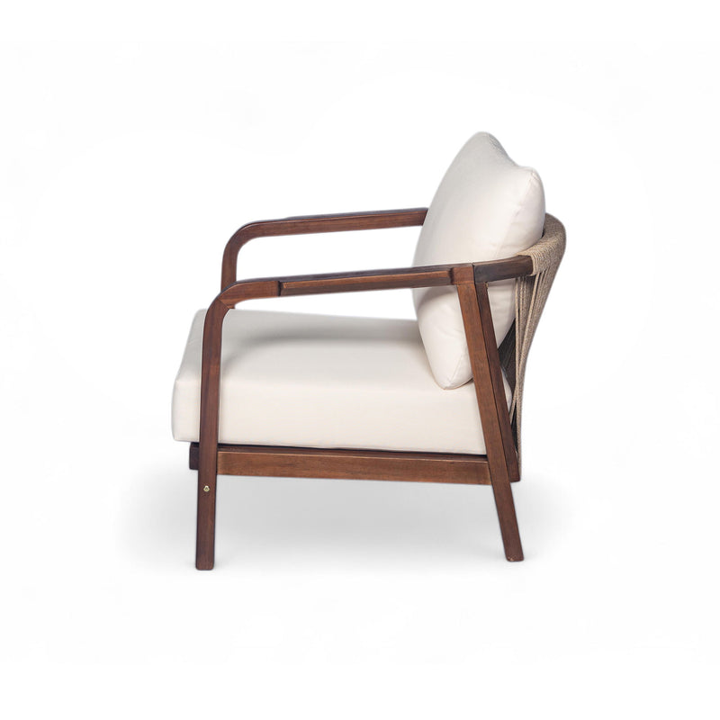 Outdoor Lounge Chair With Woven Backrest, Solid Wood Frame, Comfortable Cushions