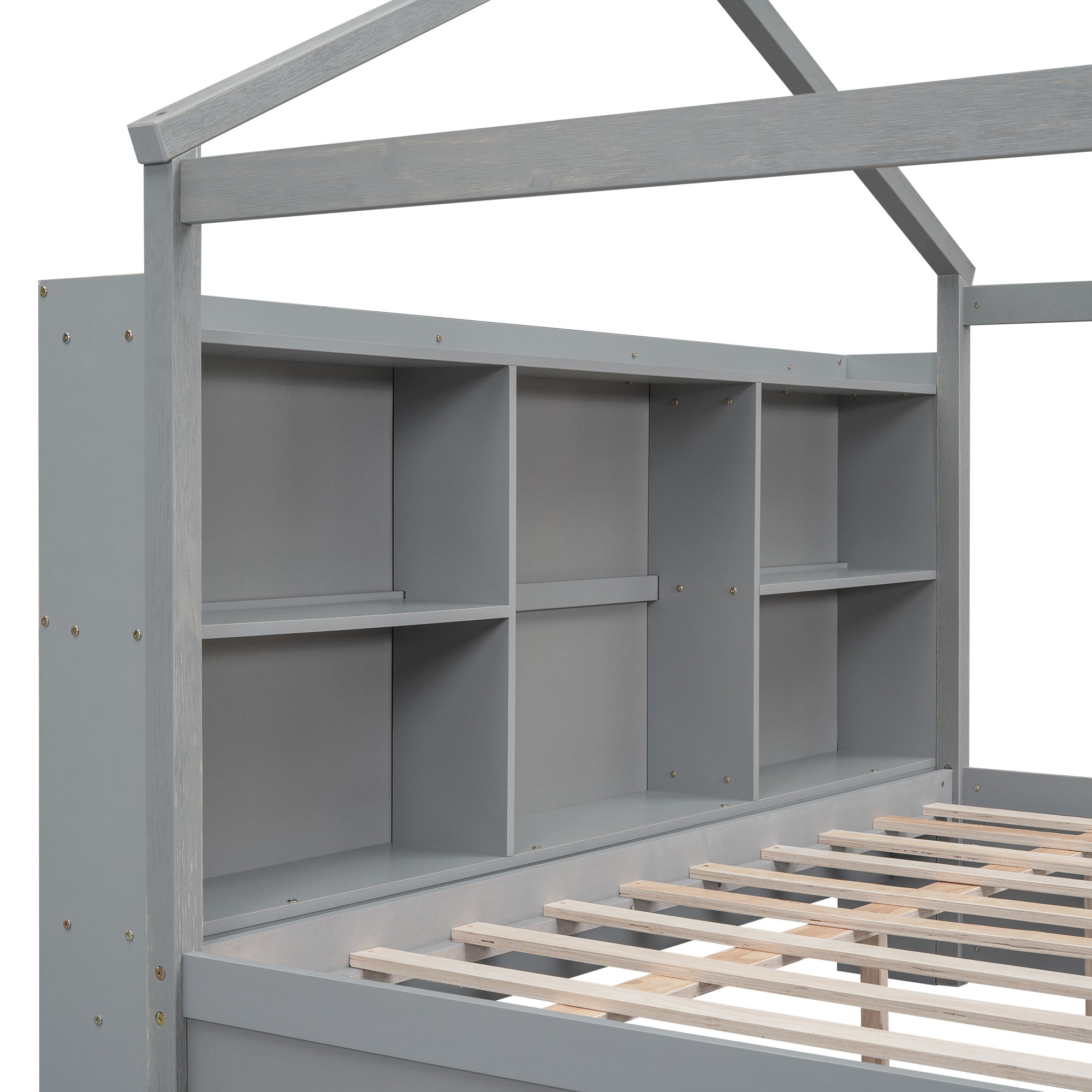Full Size House Bed with Storage Shelves and 2 Drawers, Brushed Gray - Atlantic Fine Furniture Melbourne FL