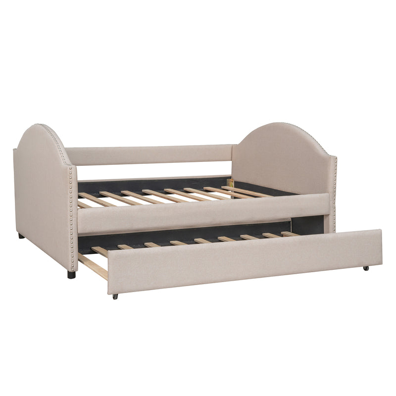 Full size Upholstered Daybed with Twin Size Trundle, Wood Slat Support, Beige(OLD SKU :LP000118AAA)