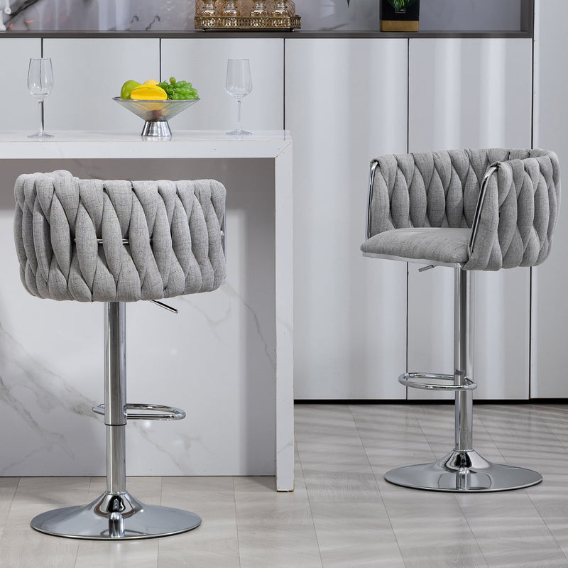 360 Degree Swivel Bar Stools Adjustable Counter Height Bar Chairs With Woven Back & Footrest, Silver Chromed Bar Stools For Kitchen Island (Set of 2) - Gray