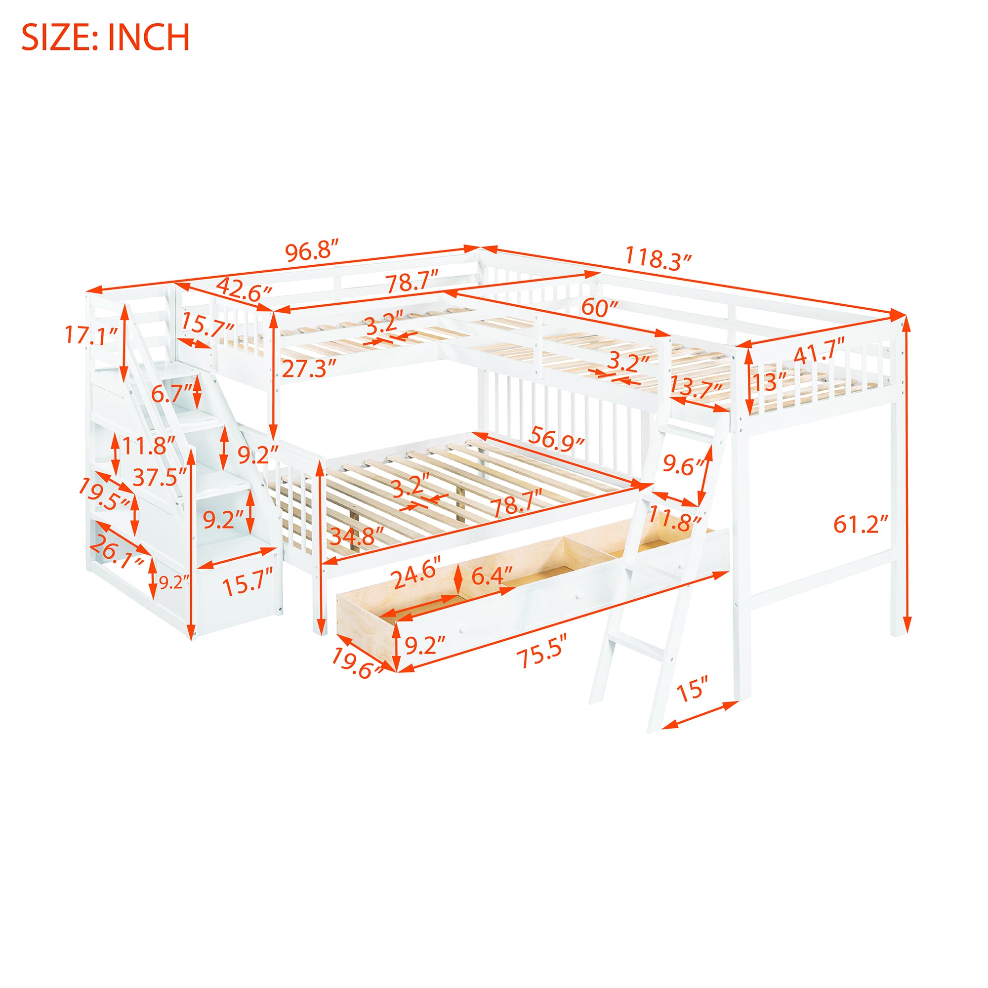 Twin over Full L-Shaped Bunk Bed With 3 Drawers, Ladder and Staircase - White - Atlantic Fine Furniture Melbourne FL