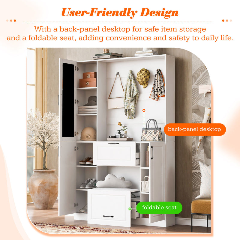 Entryway Bench With Integrated Shoe Cabinet, 3 In 1 Design And Mirrored Cabinet Door, Hall Tree With 4 Sturdy Hooks And Foldable Seat For Entrance, Living Room - White