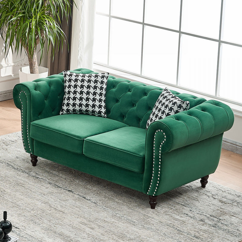 Chesterfield Velvet Fabric Sofa With Roll Armrest And Nailhead, Mid Century 2 Seater Couch