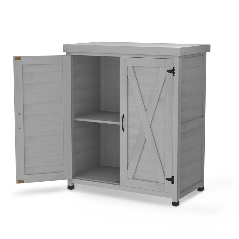Rustic Cedar Wood Potting Bench With Storage Cabinet And Metal Top For Outdoor Patio - Gray