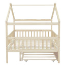Full Size Wooden House Bed with Twin Size Trundle, Natural