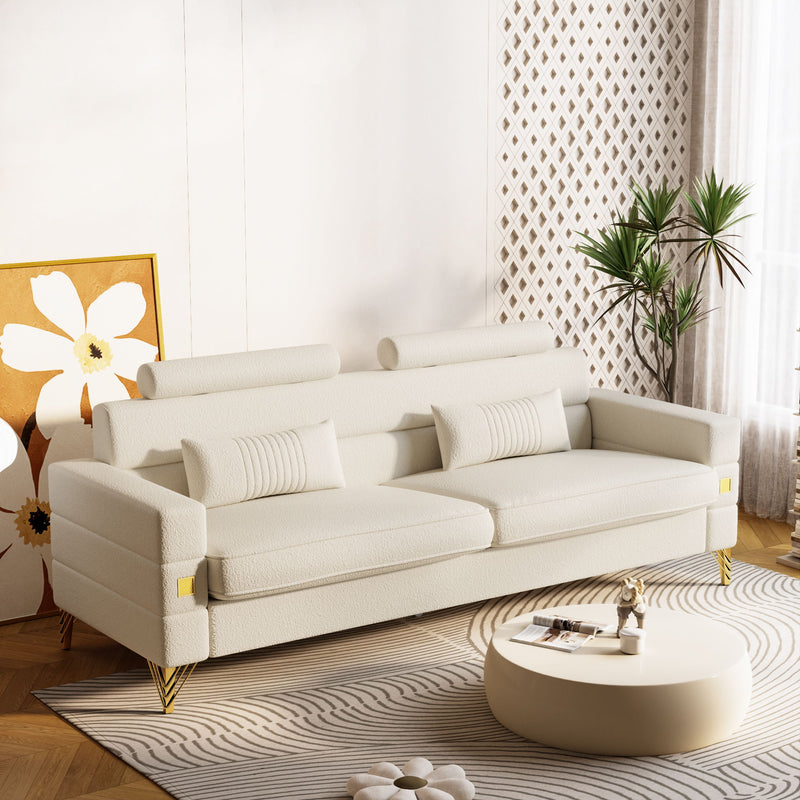 Fx-P15-Wb (Sofa) Elegant Imitation Wool Circle Fabric Sofa With Adjustable Headrests, Contemporary 3-Seat Couch With Gold Legs, Perfect For Living Room And Office Decor (Temu Suitable) - White