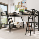 Twin Over Full Bunk Bed With Loft And Desk, L-Shaped Design For 3 Sleepers - Black