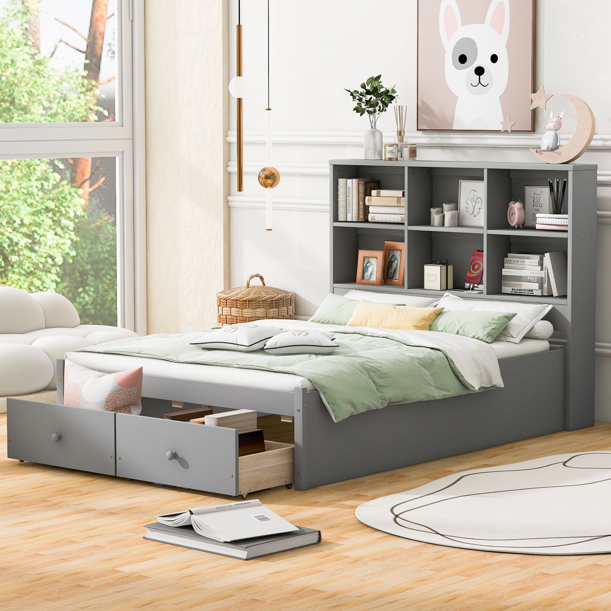 Full Size Platform Bed with Storage Headboard, Charging Station and 2 Drawers, Gray - Atlantic Fine Furniture Melbourne FL